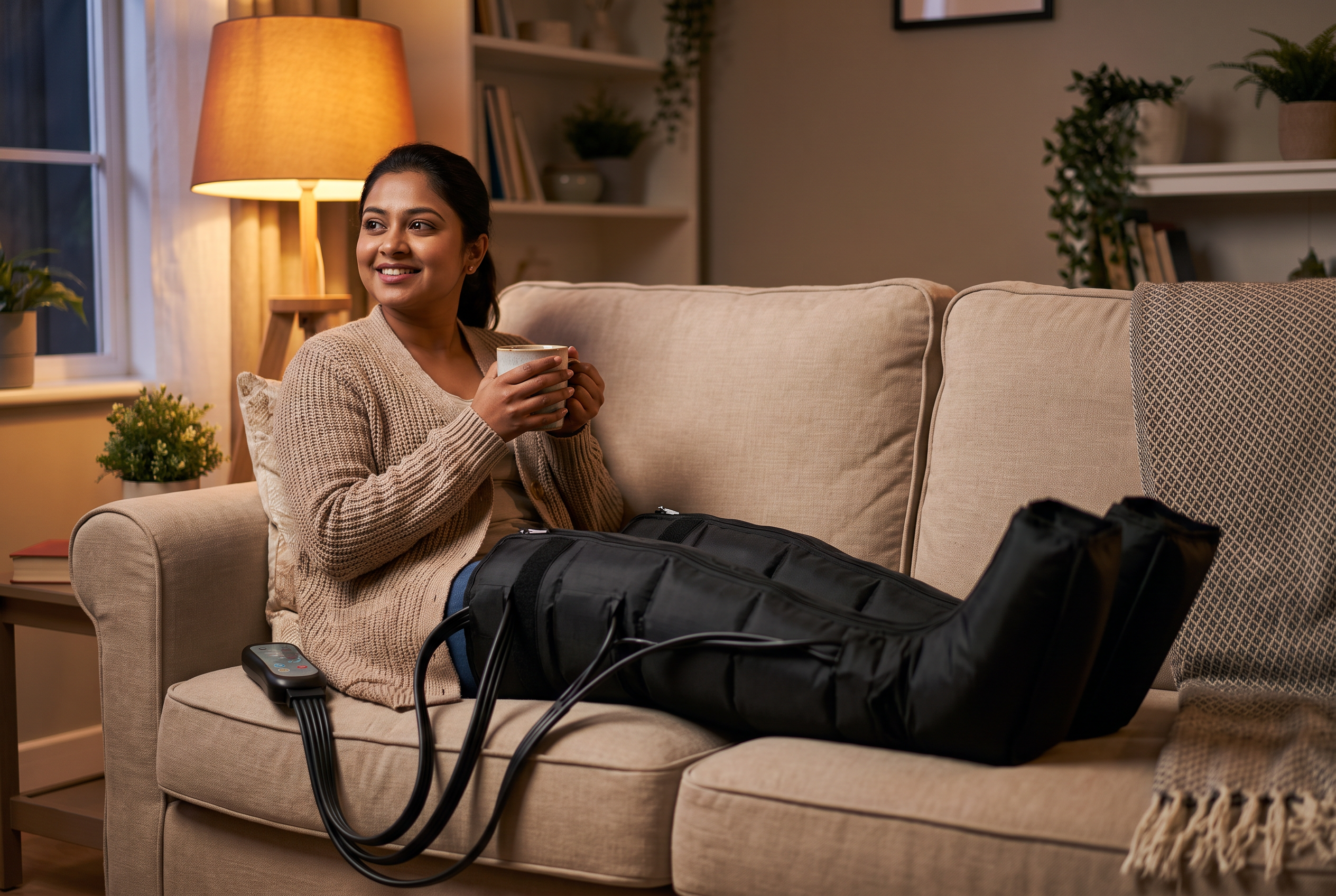 একজন নারী বাসায় বসে JILI Comfort লেগ ম্যাসাজার ব্যবহার করছেন